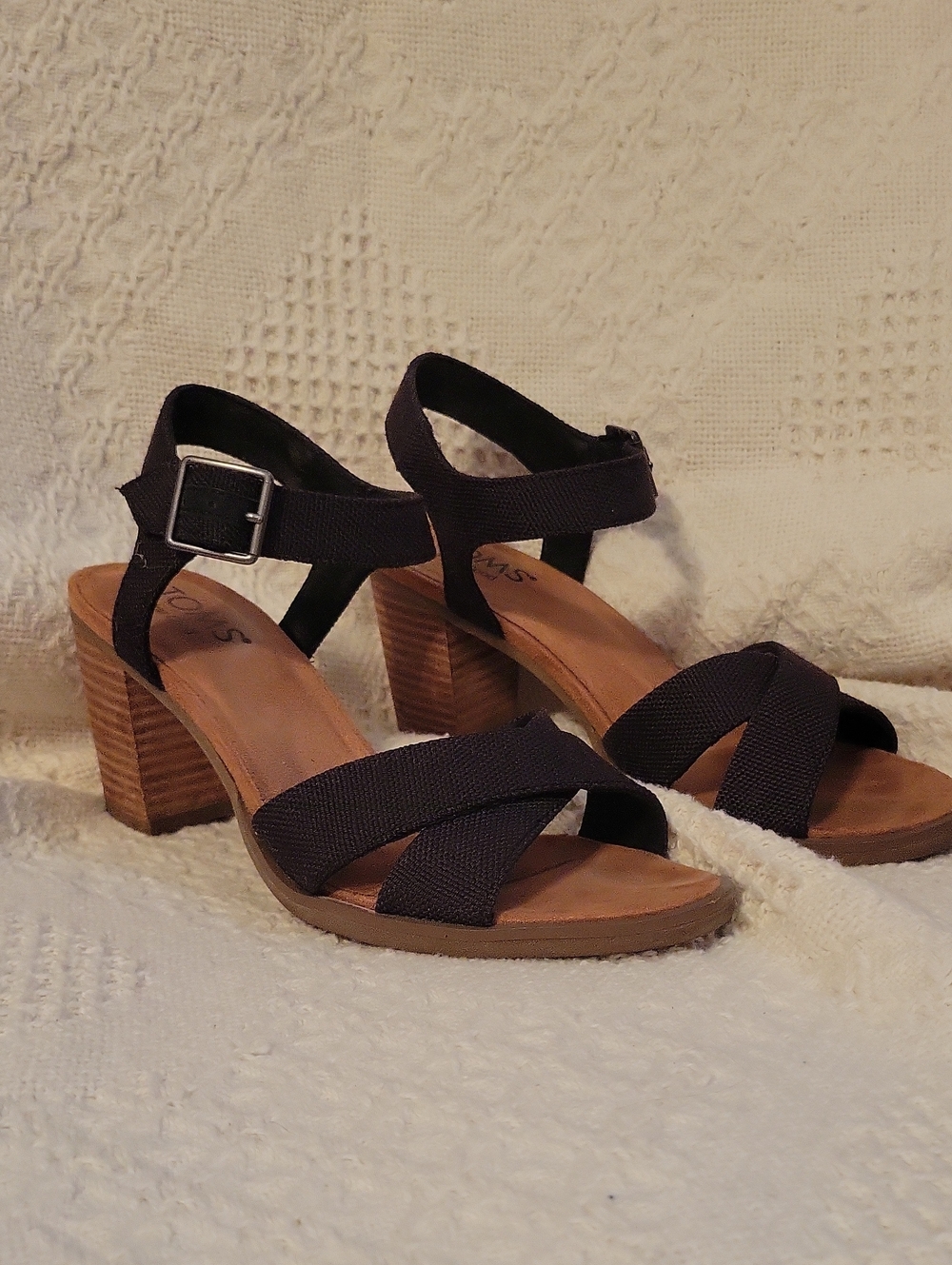 Tom's Black Canvas Strap Block Heel Sandals